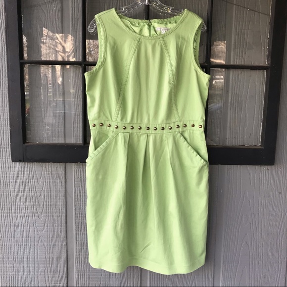 Sandra Darren dress, lime green with brass studs across waist, pockets on front - Picture 1 of 10